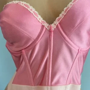 Victorian Corset Bustier - Vintage Lingerie Top - 42B Pink Nylon Spandex