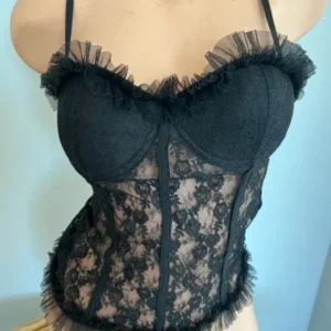 Victorian Vibe Camisole Slip Top Vintage Lingerie - Size M - Black Nylon Tank