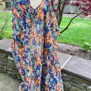 Vintage 1980s Sheer Gown & Robe Medium Blue & Orange Polyester